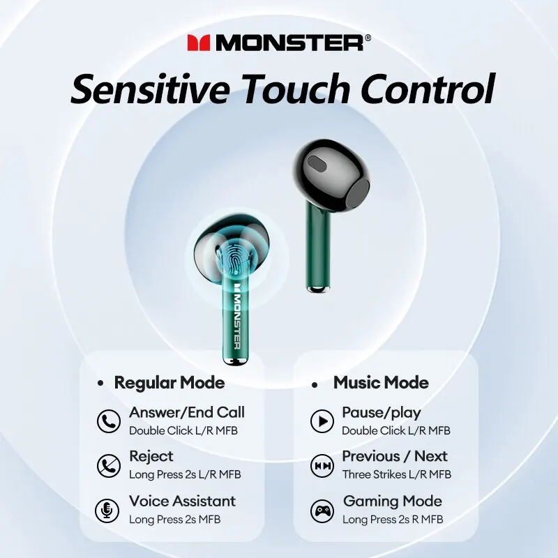 Monster XKT16 Wireless Earphones Bluetooth 5.3 Gaming Headset HiFi Sound HD Call Music Earbud Touch Control Headphones Dual Mode - Image 6